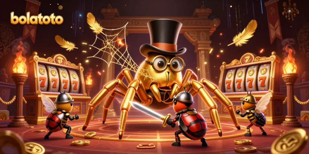 Experience bolatoto's thrilling jackpot action with a giant golden tarantula weaving webs of fortune.