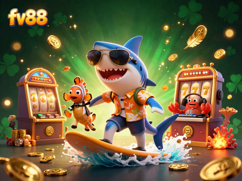 Experience the excitement of fv88 with a vibrant casino scene showcasing fun characters and slot games.