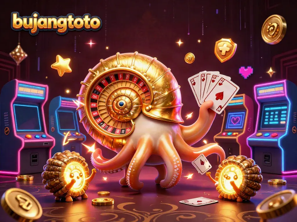 Engage with bujangtoto at an exhilarating casino scene featuring a giant roulette wheel and glowing game elements.