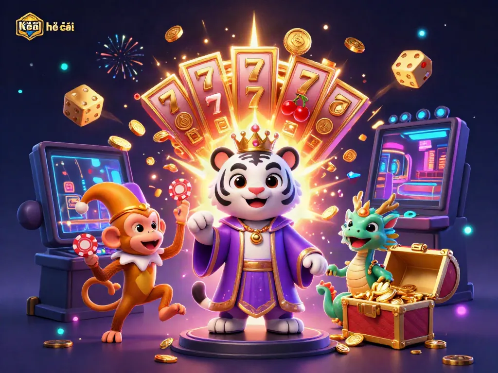 Experience the thrills of Kèo nhà cái with an illustrated jungle scene featuring playful characters and dynamic casino elements.
