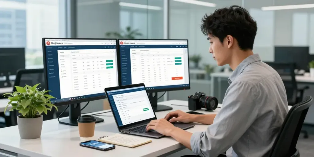 Logging into bigdewa platform in a modern office setup, featuring financial analytics on dual monitors.