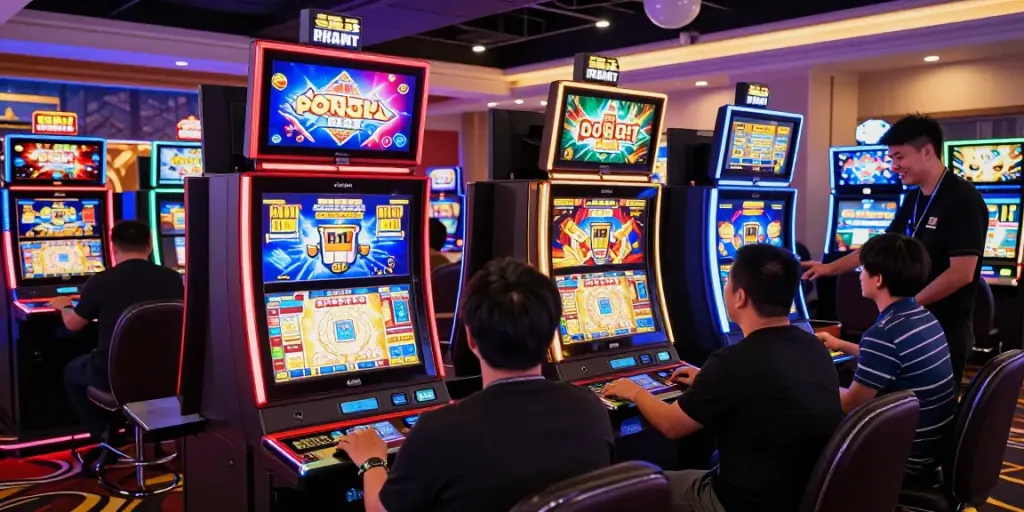 slot gacor thailand gaming hall with players and colorful slot machines