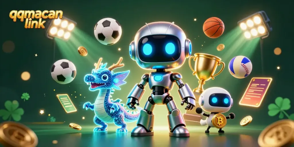 Bet on excitement with the qqmacan link, featuring a gaming mascot and sports elements in a vibrant digital scene.