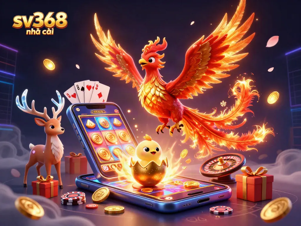 Experience sv368 nhà cái with a vibrant depiction of gaming excitement featuring a phoenix and casino elements.