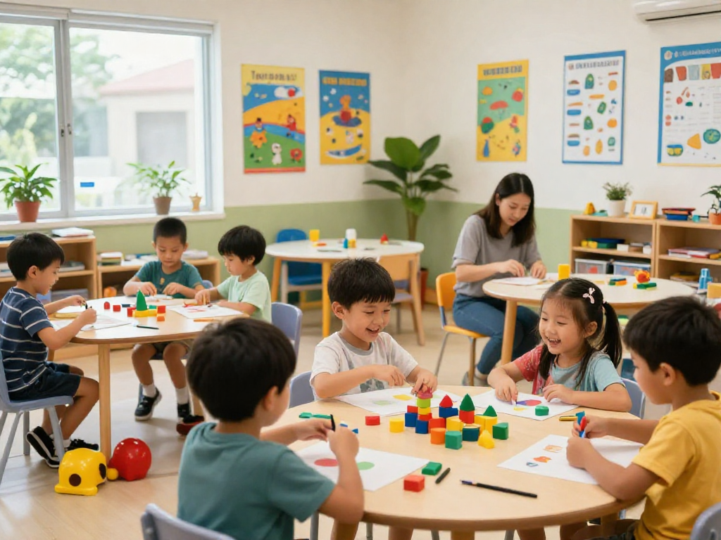 Engaged children in a vibrant preschool classroom exploring activities at pre schools in Singapore.