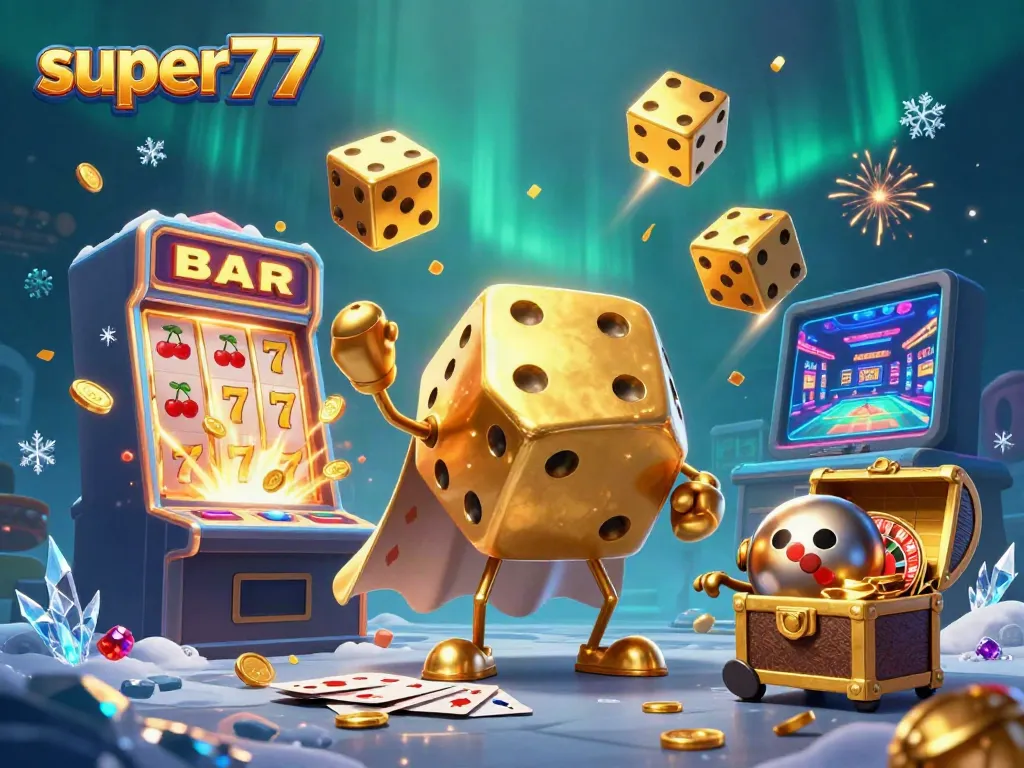 Engage with super77 slots featuring golden dice and a dynamic jackpot scene.