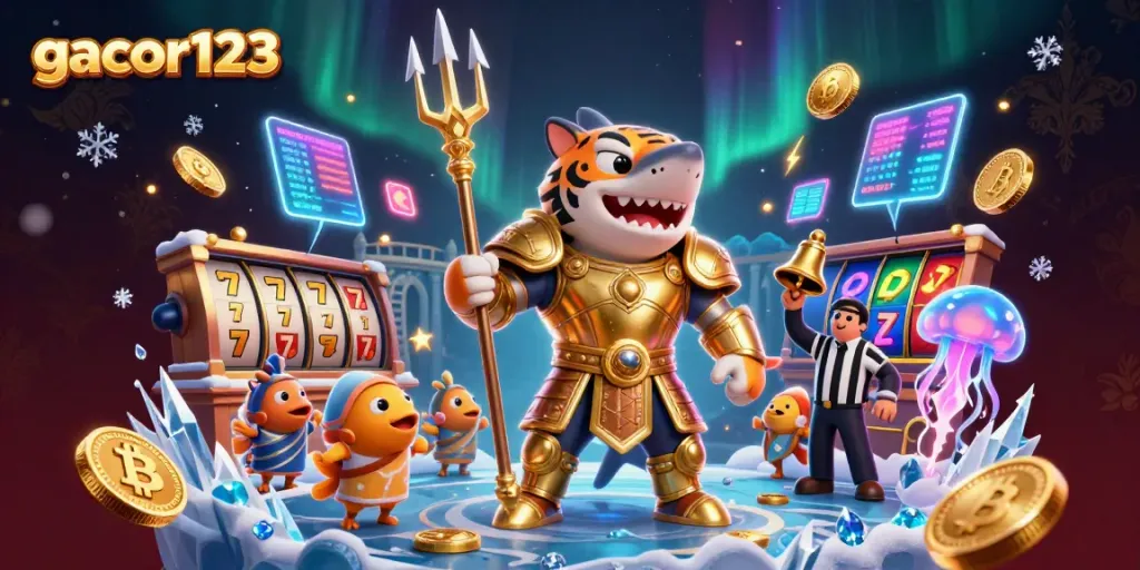 Engage with gacor123's vibrant slots battle in a thrilling underwater arena with a gladiator shark.