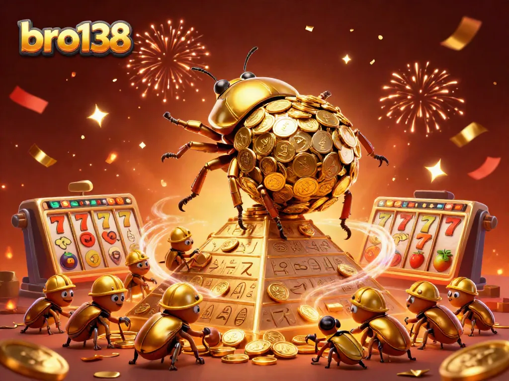 Experience thrilling wins with bro138's golden beetle adventure in this vibrant casino scene.
