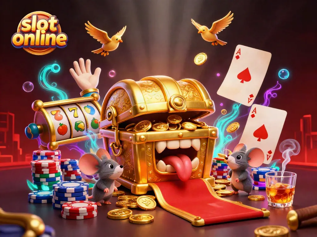 Engage with slot online games depicted in a vibrant casino scene featuring adventurous mice and treasures.