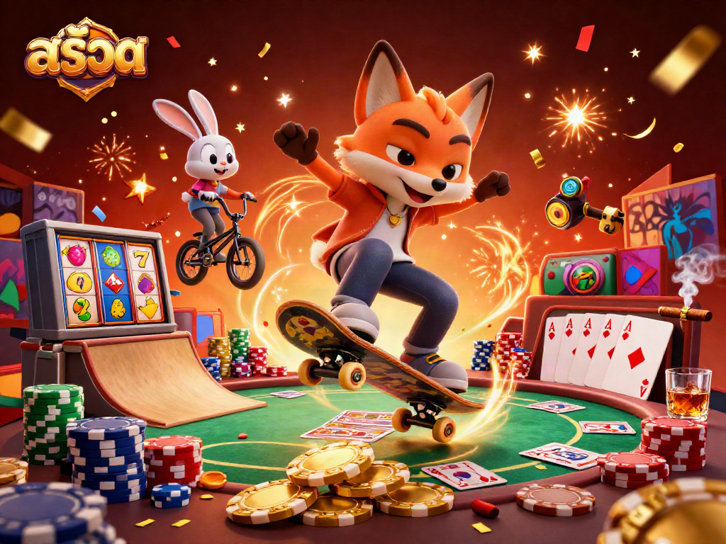 Engage with exciting สล็อต slot games alongside dynamic 3D characters in a colorful casino illustration.