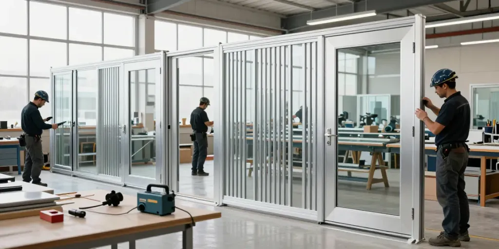 Aluminium and glass work across uae, fujairah, kalba in a bustling workshop with skilled craftsmen.