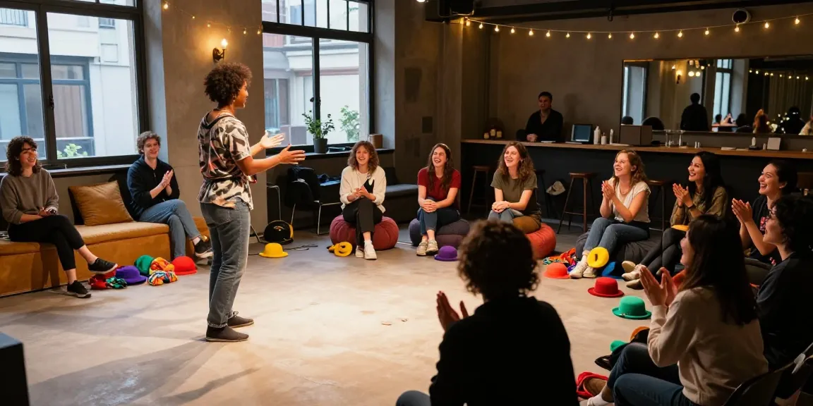 Engaging beginner improv class scene with diverse participants expressing creativity in a lively theater.