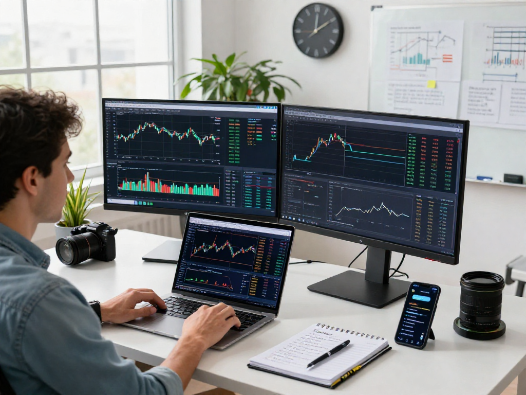 Analyst using TradingView in a modern workspace with charts, alerts, and technology.