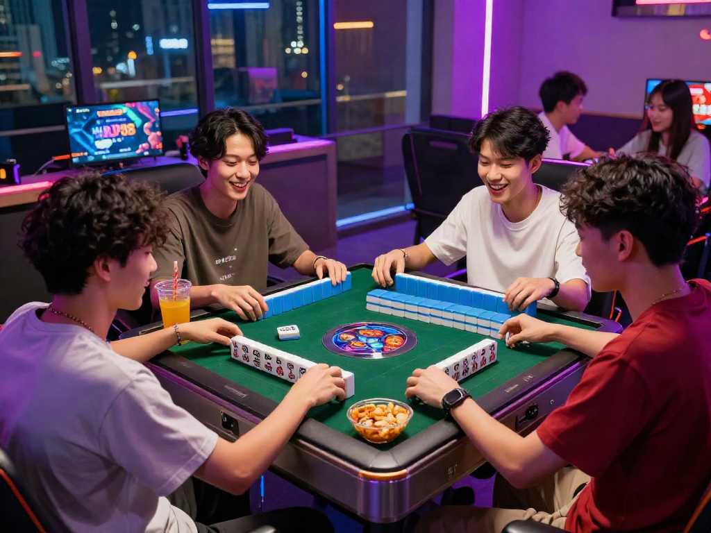 Engaged friends enjoying the MAHJONGJP88 Official game in a vibrant gaming lounge.