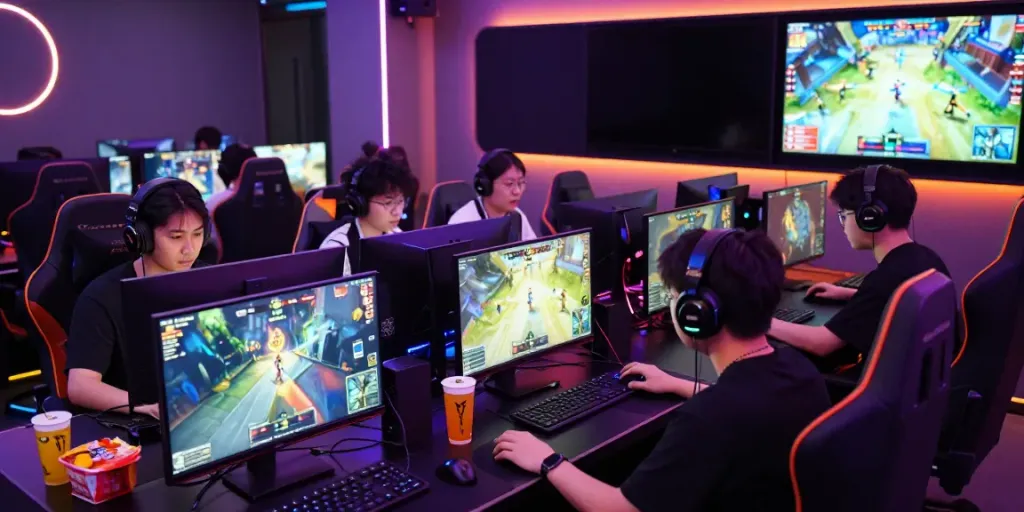 Players engaging in game online within a vibrant gaming lounge with advanced setups.