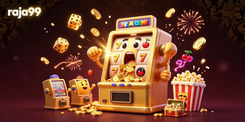 Experience the excitement of raja99 with cartoon slot machines celebrating a jackpot in a vibrant scene.