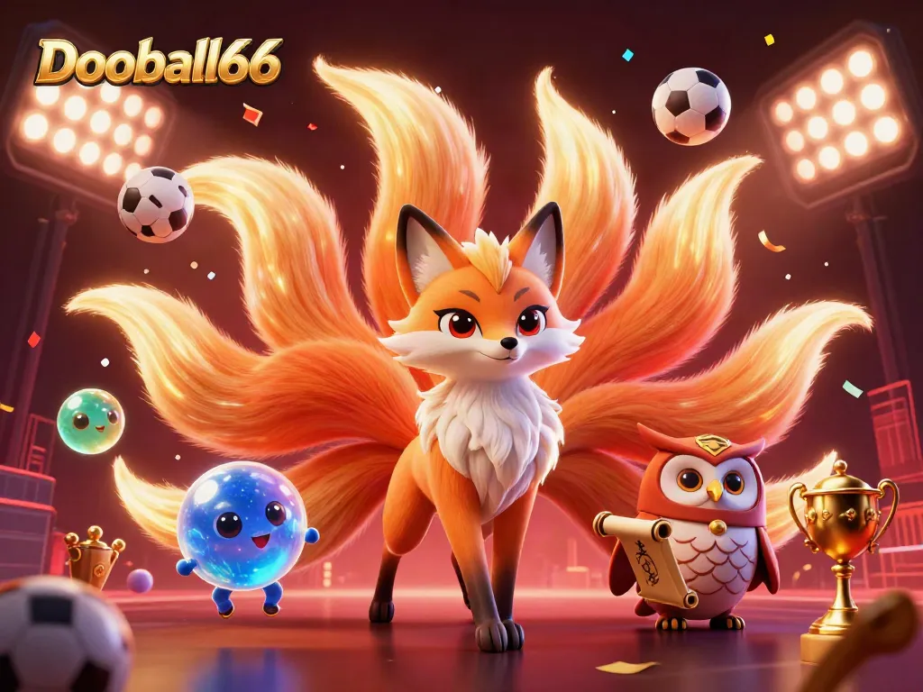 Engage with Dooball66 through captivating sports-themed visuals featuring a mystical fox, owl sage, and dynamic elements.
