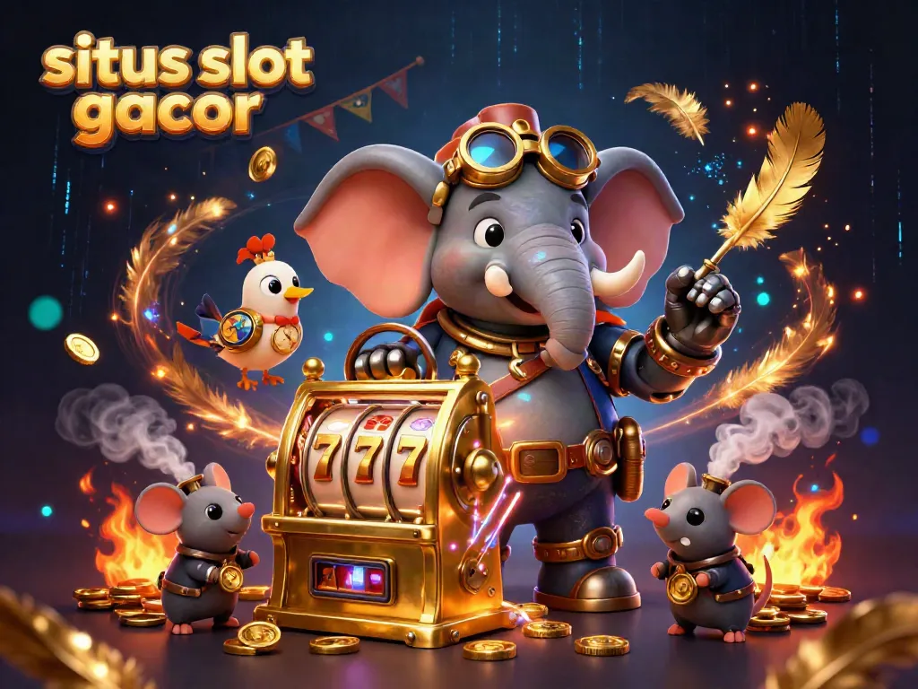 Experience the excitement of situs slot gacor with a steampunk elephant operating a slot machine surrounded by dynamic game elements.
