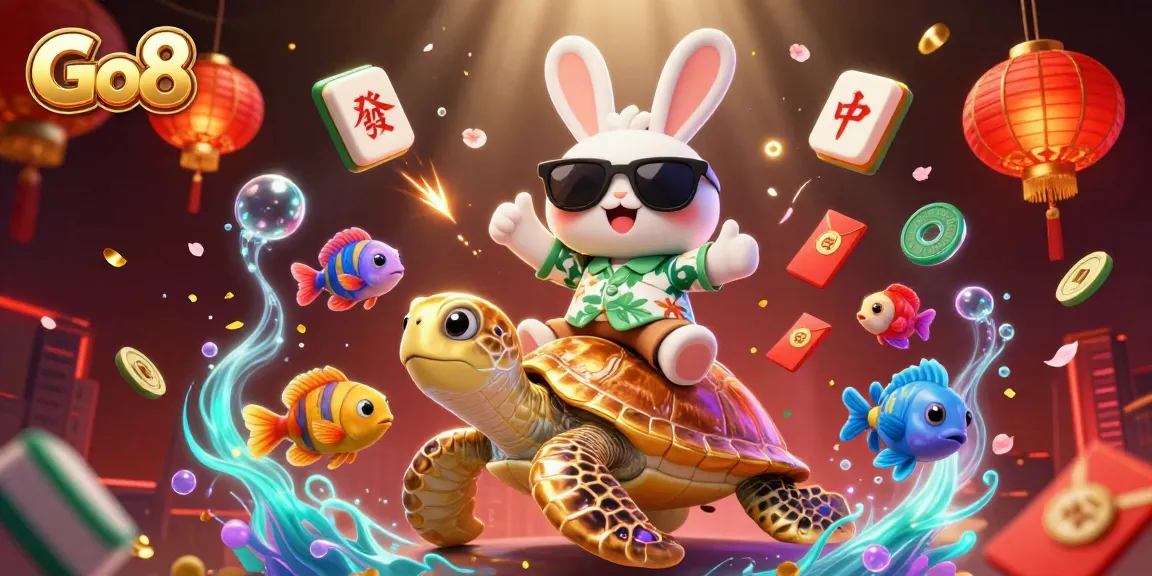Go8 rabbit rides a golden turtle in a vibrant casino scene filled with luck and excitement