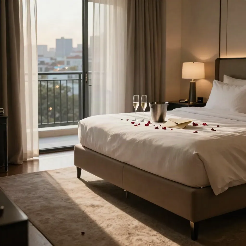 Dark luxury suite with rose petals, champagne flutes, a bucket, and an open balcony at dusk.