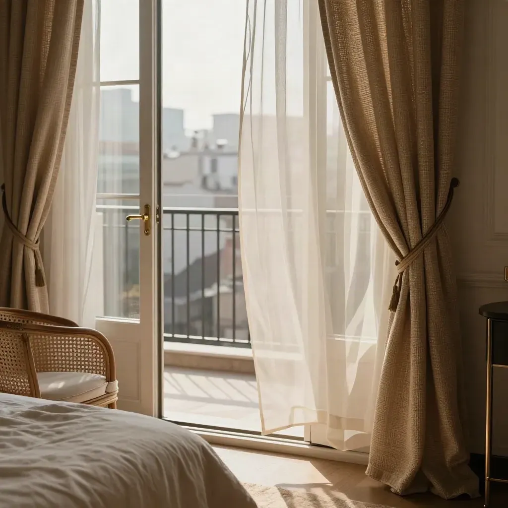 Open balcony queen room with sheer drapes, cane chair, and sunlit bed throw