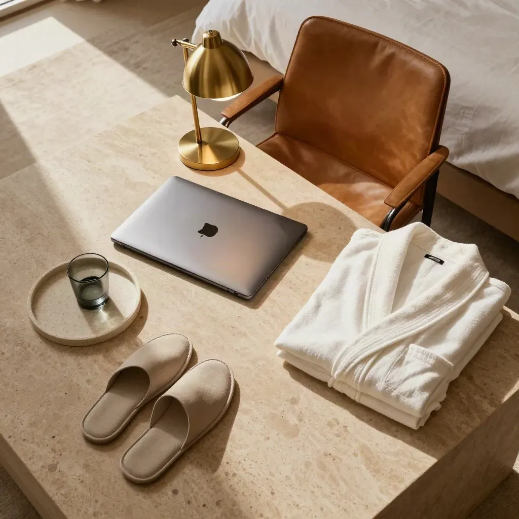 Overhead luxury suite flatlay with leather chair, closed laptop, brass lamp, robe, and neutral accessories.