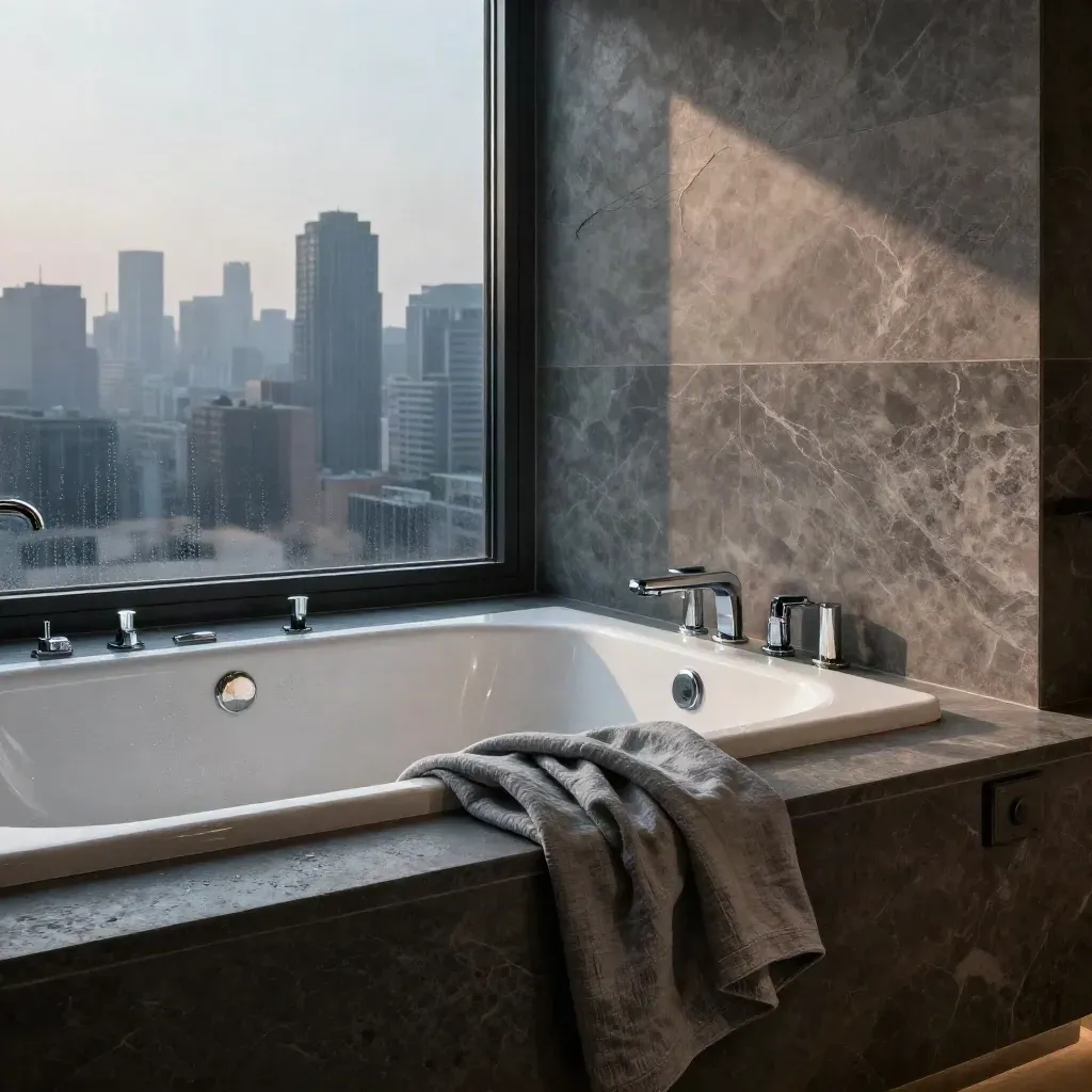 Luxury suite tub beside misted corner windows with city reflection
