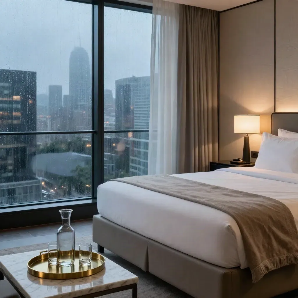 Luxury king suite at blue hour with rain-streaked glass, brass tray and city lights beyond.