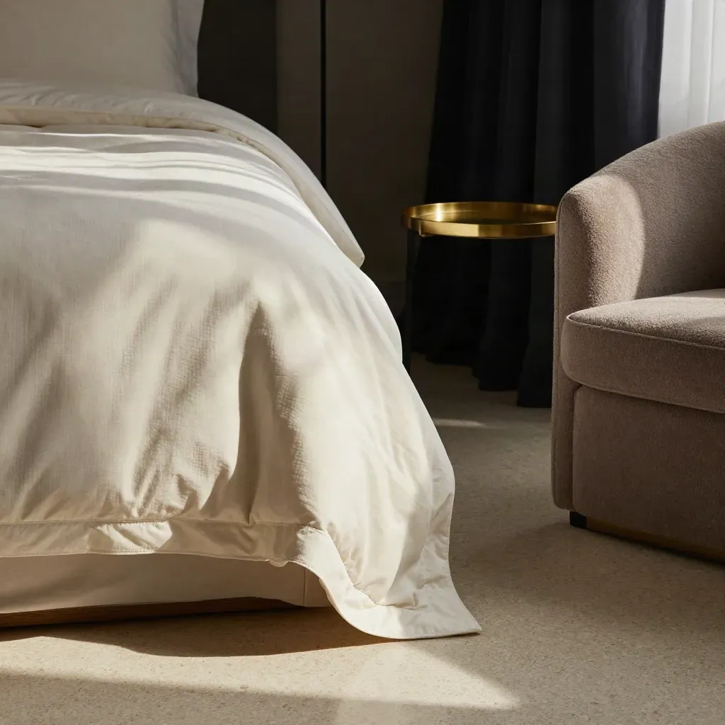 Rumpled duvet, navy drapes, brass tray, and a worn chair in late sun.