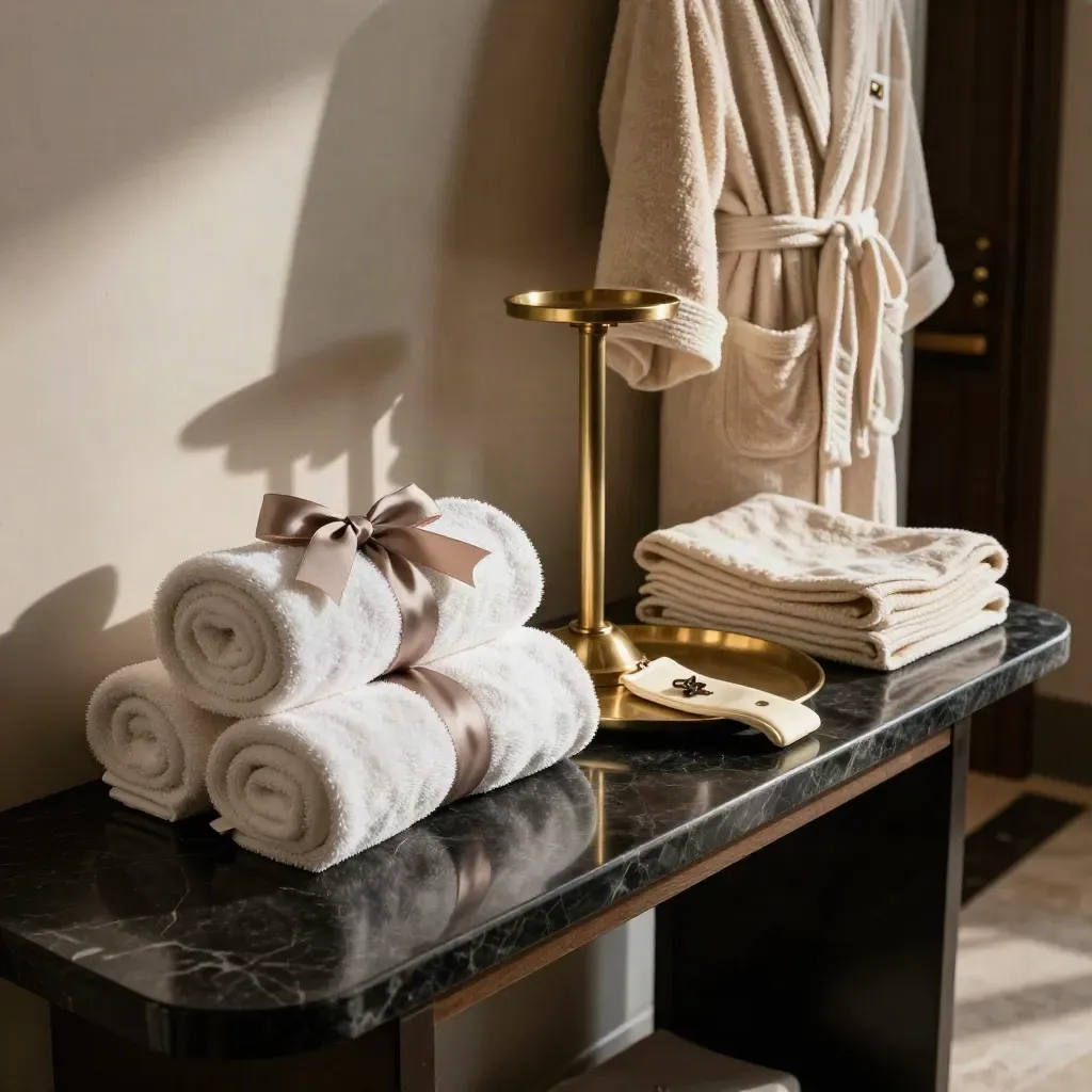 Concierge arrival pack on a marble entry console with towels, robe, brass tray and key sleeve.