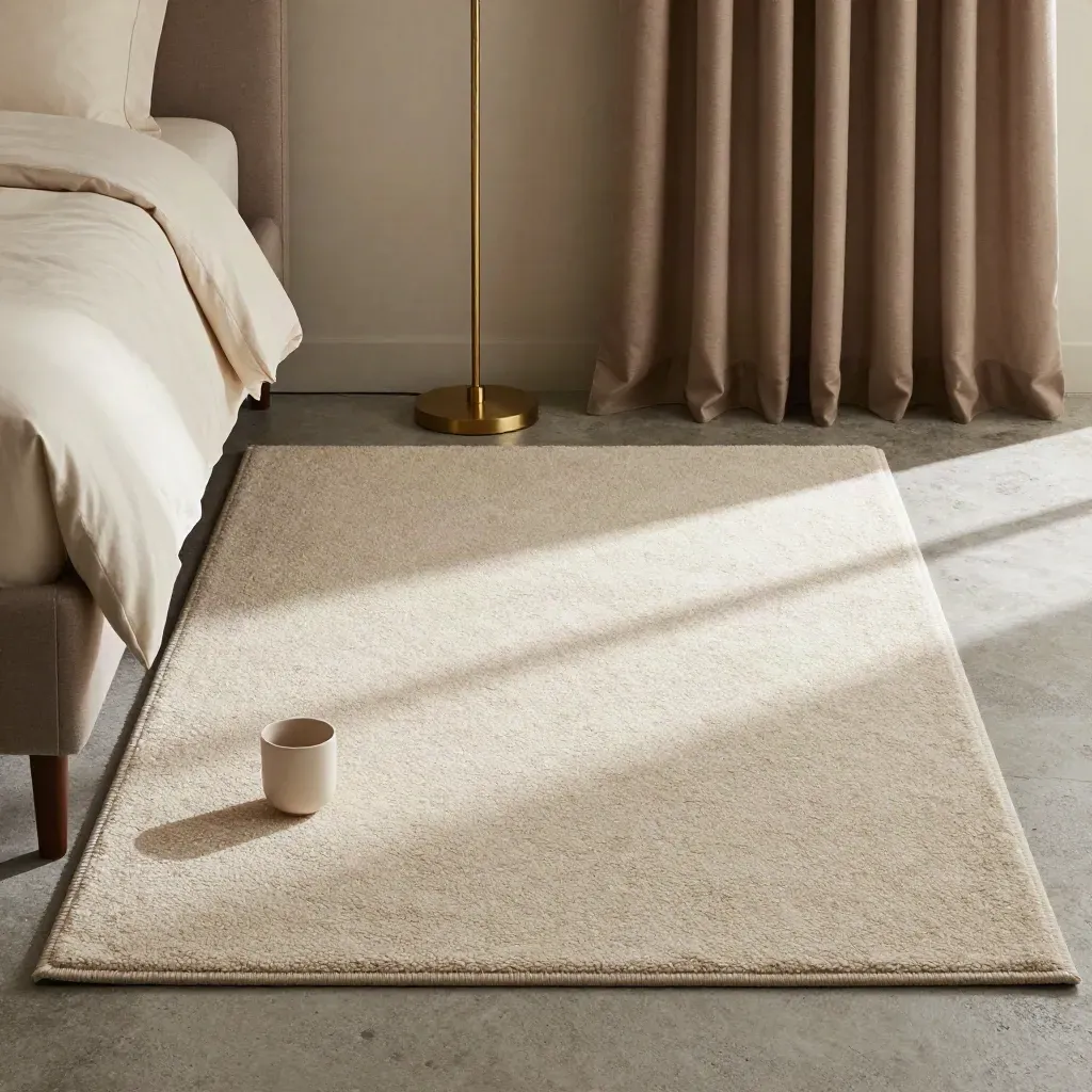 Refined taupe hotel room materials arranged in a quiet flatlay on concrete.