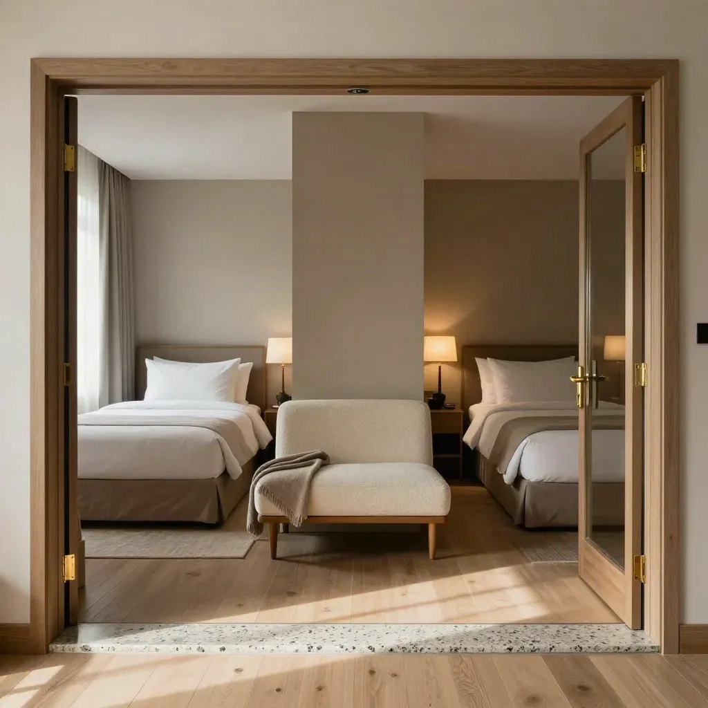 Adjoining luxury suite with glowing and restful rooms, bench, lamps, and connecting door