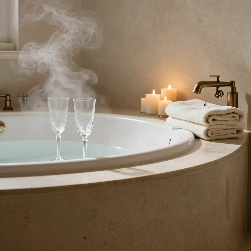 Steam-lit suite tub with crystal flutes, candles, and ivory towels