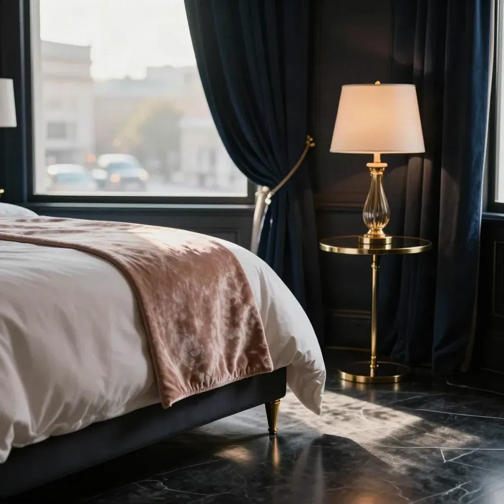 Luxury suite bed with navy drape, rose throw, brass lamp glow, and sunset street light.
