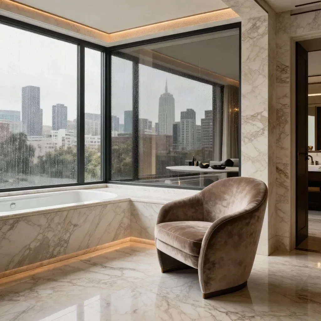 Luxury corner suite with wraparound glass, marble bath edge, velvet chair and rain-streaked skyline reflections