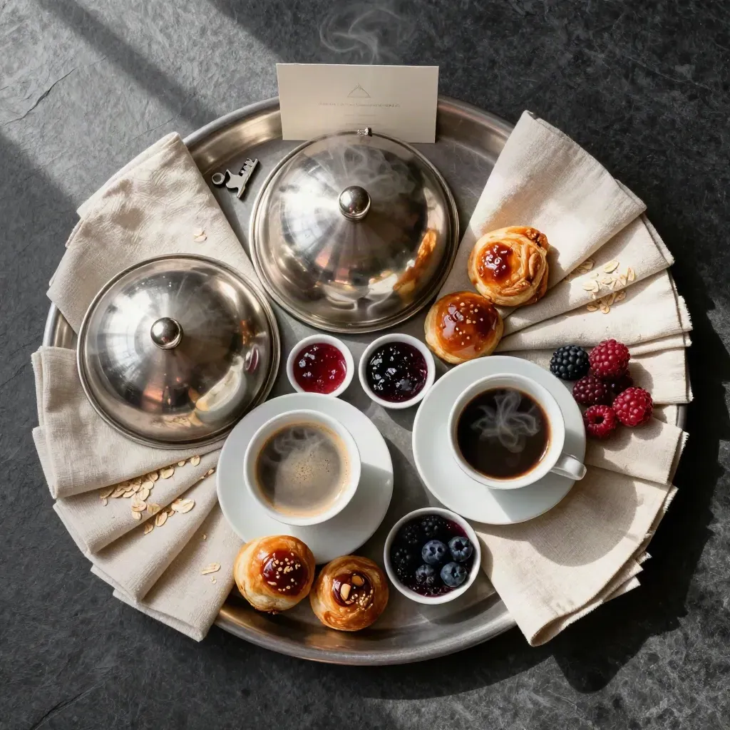 Overhead breakfast tray with cloches, pastries, berries, coffee, and fanned linen napkins on dark stone.
