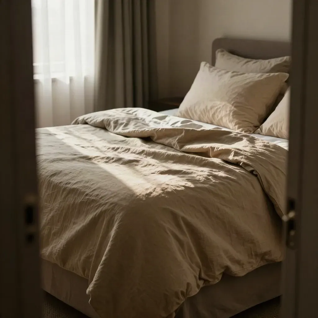 Unmade luxury bed by a bedroom door, curtains drawn aside, afternoon shadows across rumpled linens.