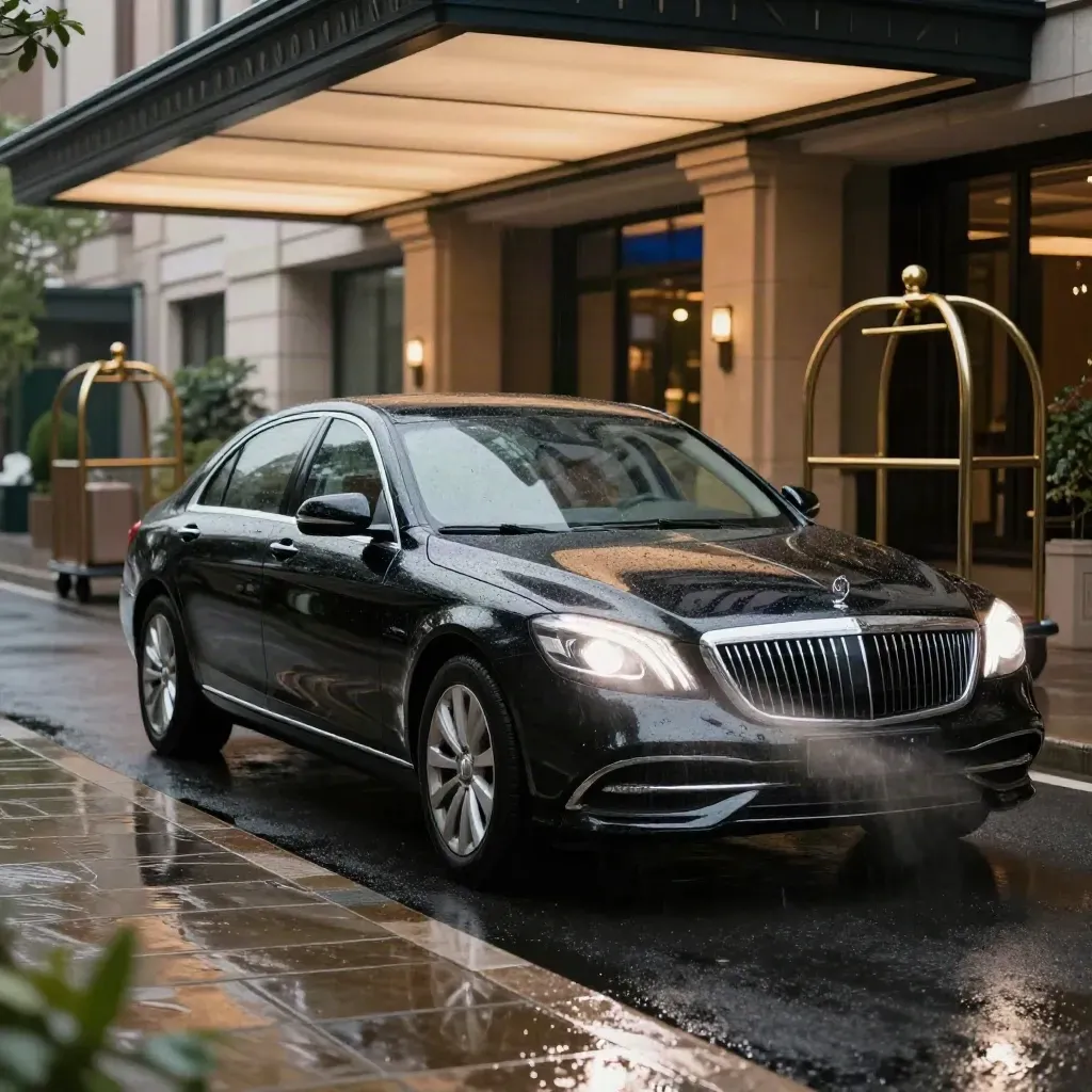 Black sedan idling under a hotel canopy in drizzle, with a blurred luggage trolley behind.