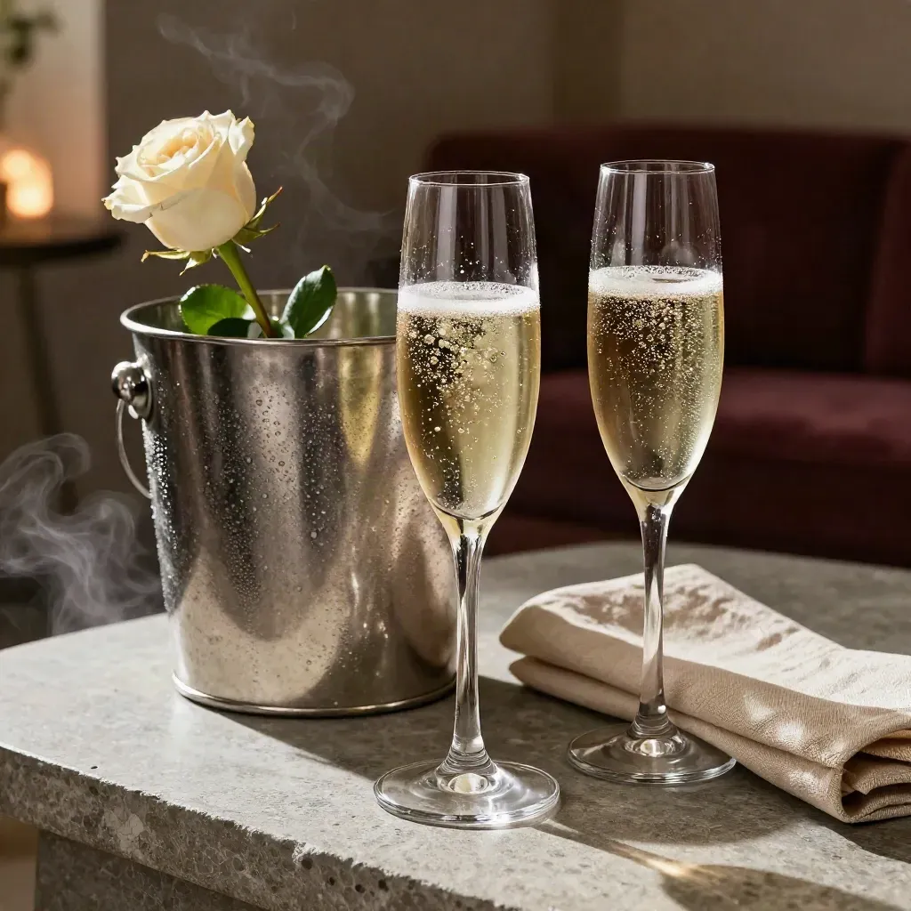 Champagne bucket, sparkling flutes, rose stems, and linen napkin on stone with ice vapor.