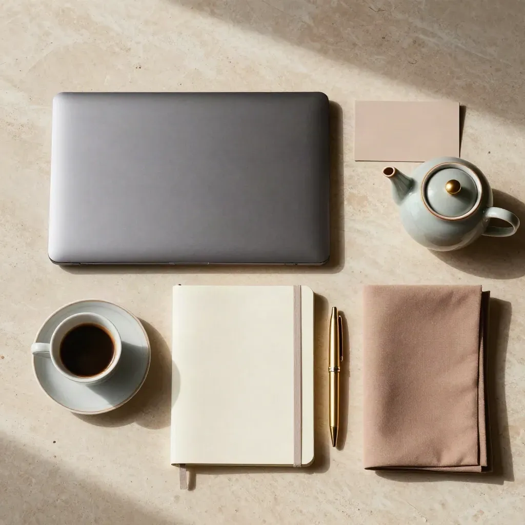 Overhead flatlay of a closed laptop, notebook, pen, espresso cup, and tea set on stone.