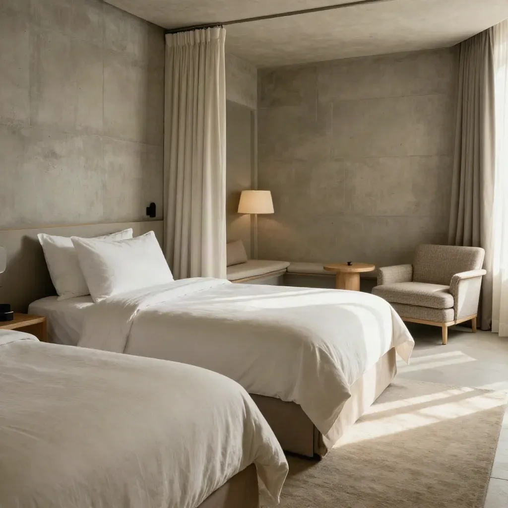 Luxury family suite with two beds, lounge chair, and reading nook in soft daylight