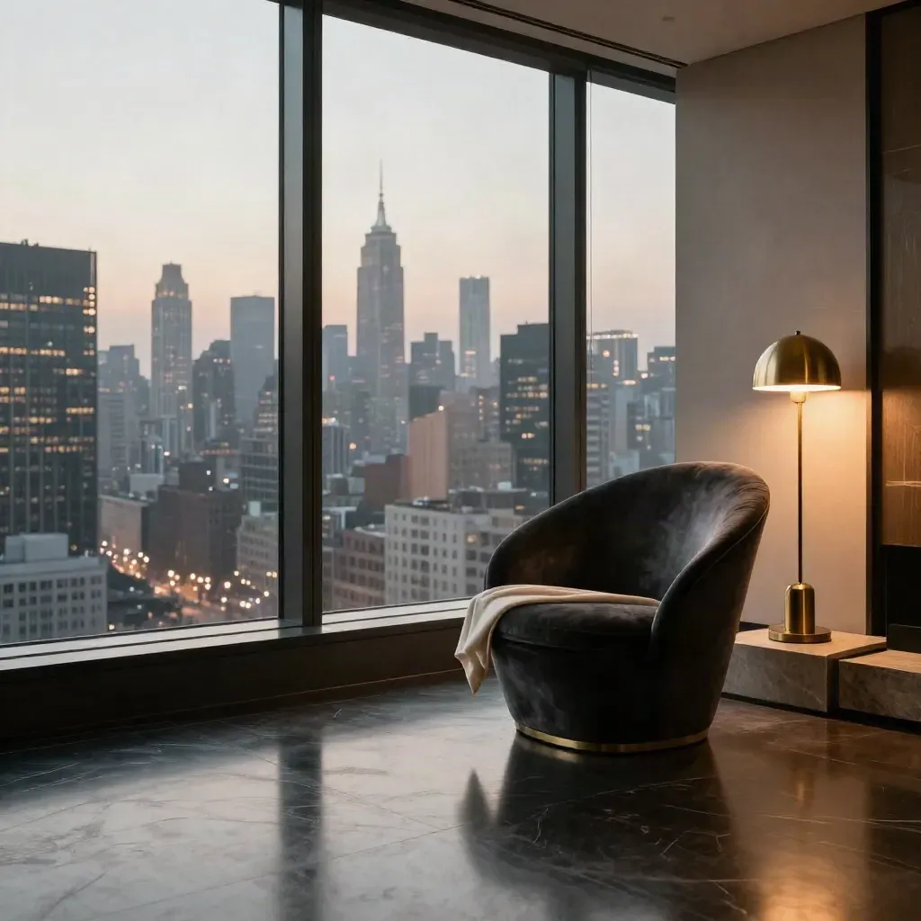 Penthouse suite with glass skyline, velvet chair, brass lamp, and polished dark floor at night