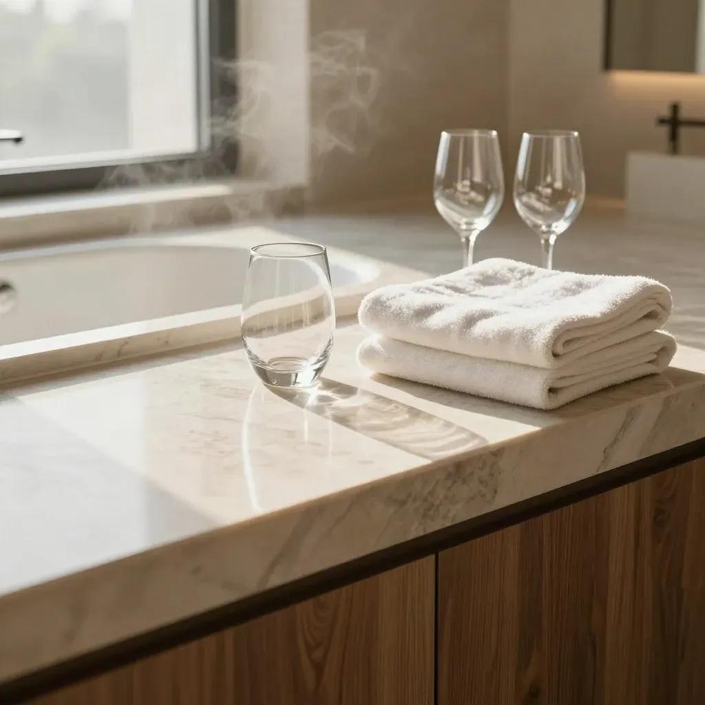 Marble vanity ledge with two glasses, folded towels and soft bath glow in a boutique suite