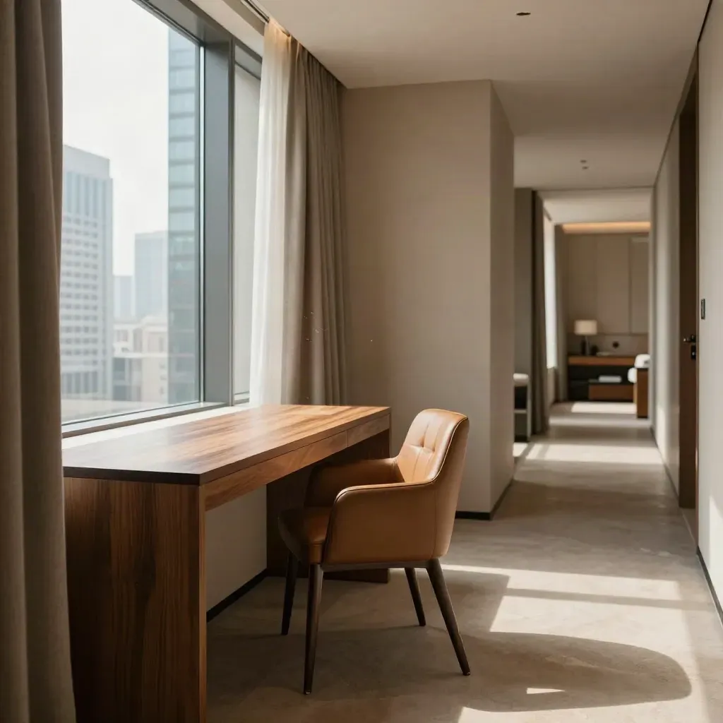Luxury hotel corridor suite with walnut desk nook, leather chair, and city window light