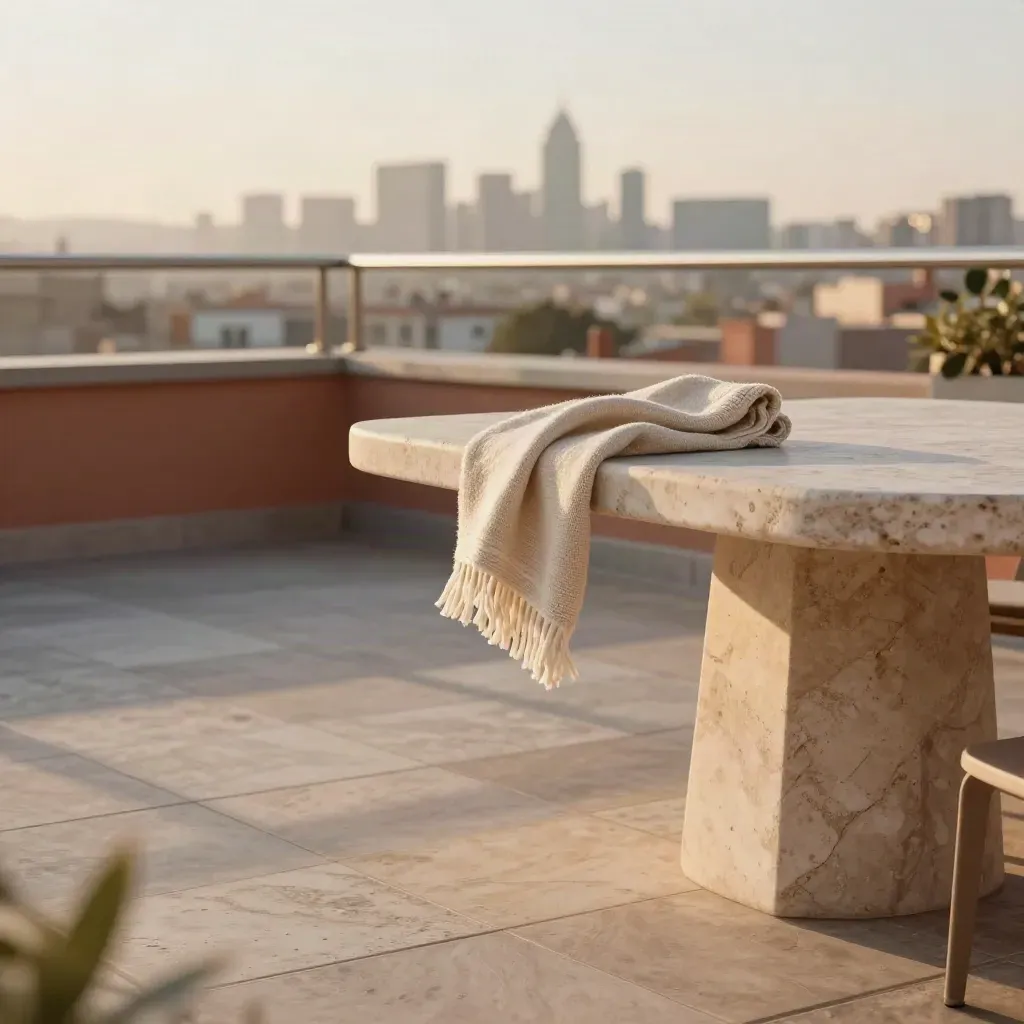 Golden rooftop terrace with stone table, folded throw, and hazy skyline at sunset.
