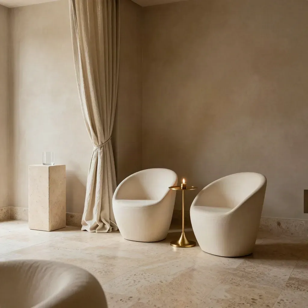 Quiet event lounge with sculptural chairs, brass candle stand, linen drape and stone floor.