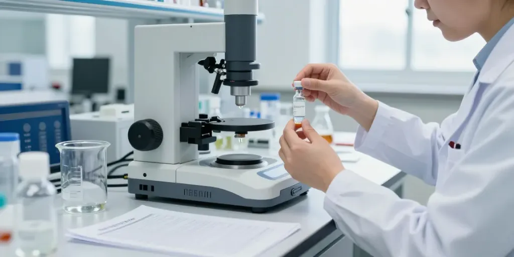 Researcher analyzing high purity sermorelin in a lab setting.