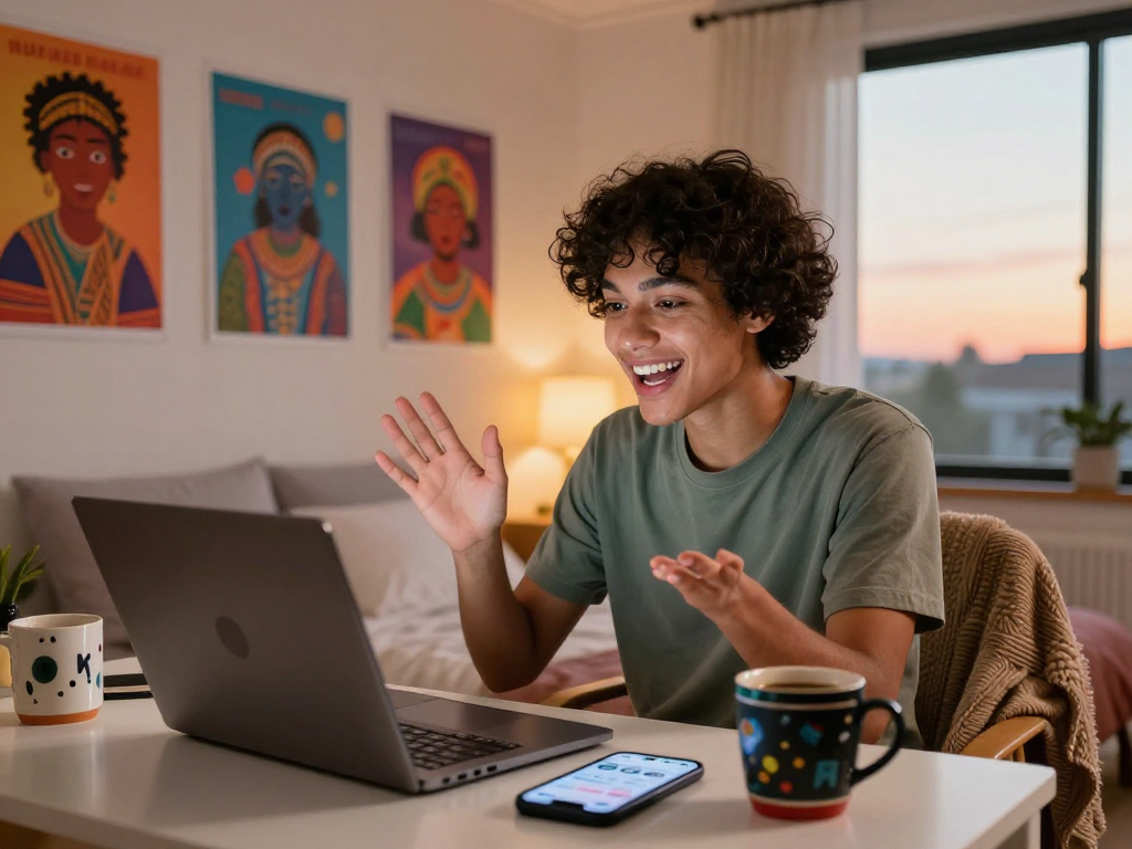 Engaging pink live chat moment with a person enjoying a one-on-one video call.