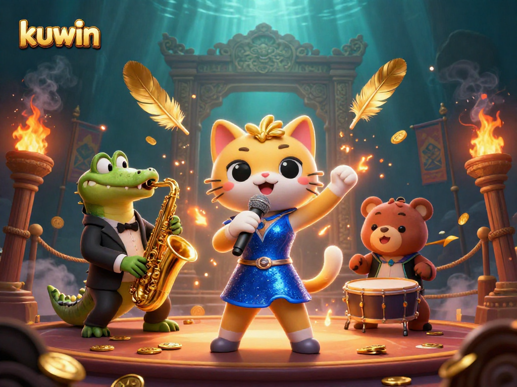 Kuwin brings excitement to the casino scene with a jazz-singer cat, saxophone crocodile, and drum-playing bear.