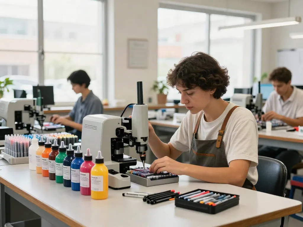 Artisan filling colorful inks in marker pens from a marker pen supplier.